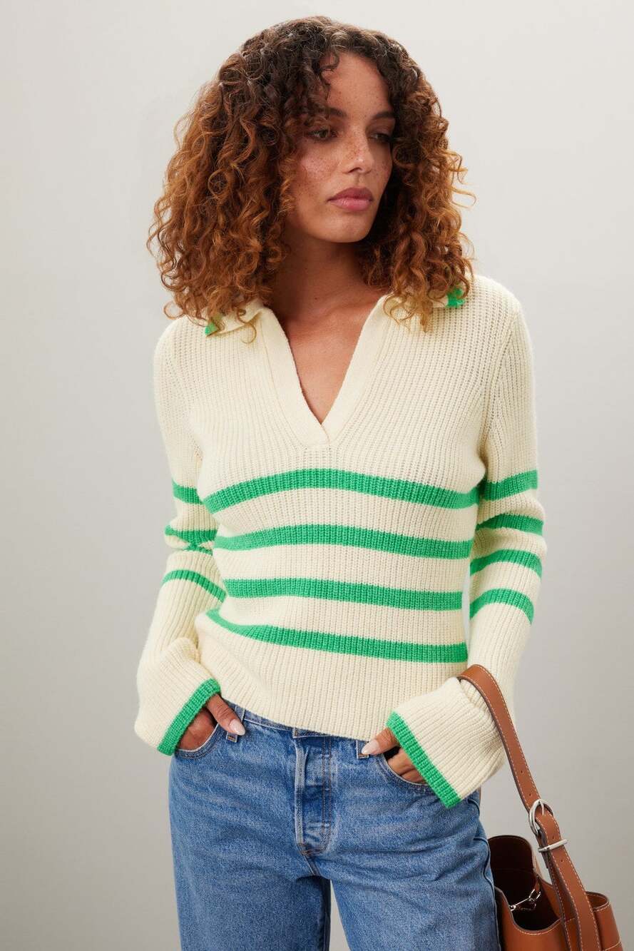 Central Park West Clementine Sweater Large Cream Green Stripe Collared Preppy